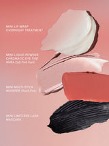Kleurstalen van de ILIA Minis for Any Mood set: Lip Wrap, Liquid Powder Chromatic Eye Tint in Aura, Multi-Stick in Whisper en Limitless Lash Mascara